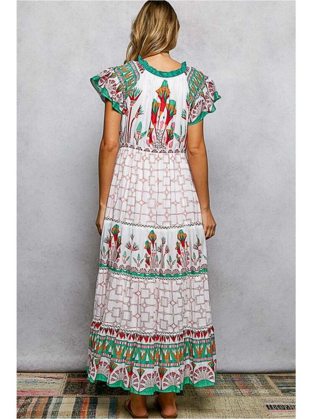 New: POL Stunning Boho Hand Stamped Tassel Tie Flowy Tiered Maxi Dress• Small - Picture 3 of 5